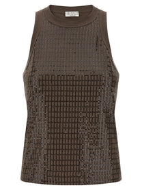 BRUNELLO CUCINELLI - BRUNELLO CUCINELLI Women’s Dazzling Check Embroidery Top Brown - Women’s Tops