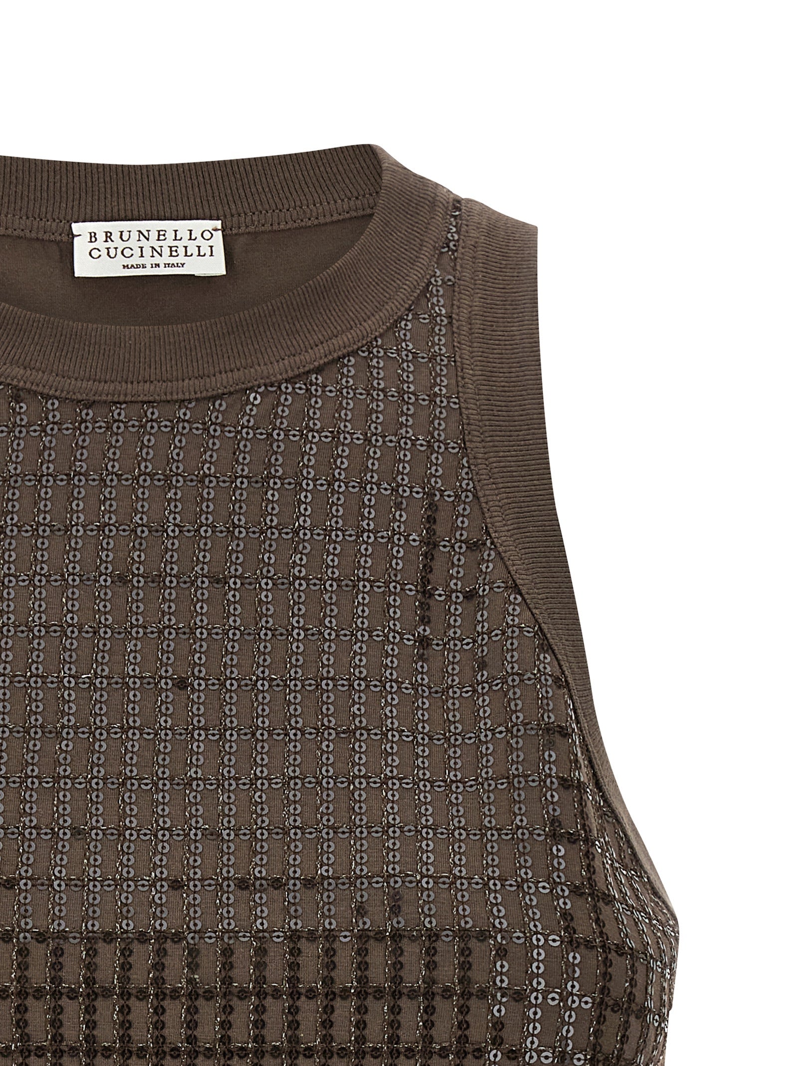 BRUNELLO CUCINELLI - BRUNELLO CUCINELLI Women’s Dazzling Check Embroidery Top Brown - Women’s Tops