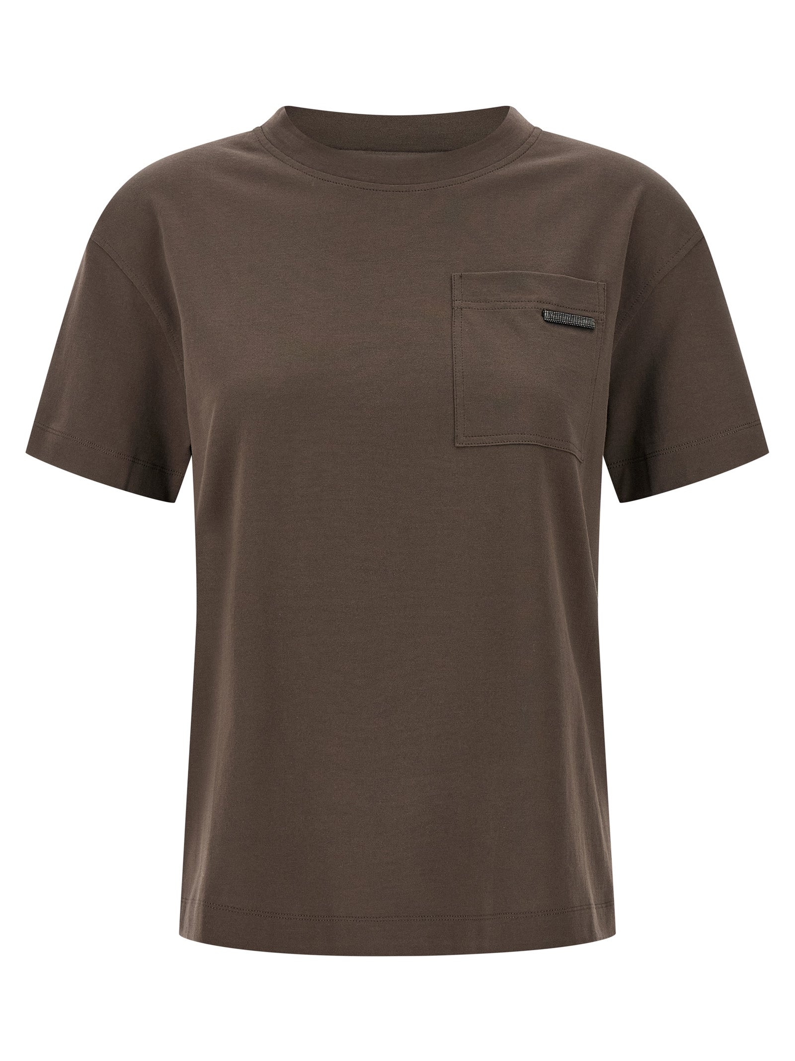 BRUNELLO CUCINELLI - BRUNELLO CUCINELLI Women’s Shiny Tab T-Shirt Brown - Women’s Tops