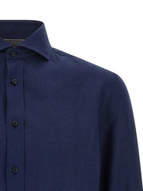 BRUNELLO CUCINELLI - BRUNELLO CUCINELLI Men’s Linen Shirt Blue - Men’s Tops