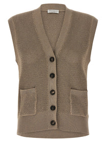 BRUNELLO CUCINELLI - BRUNELLO CUCINELLI Women’s Sparkling Cotton Vest Brown - Women’s Outerwear
