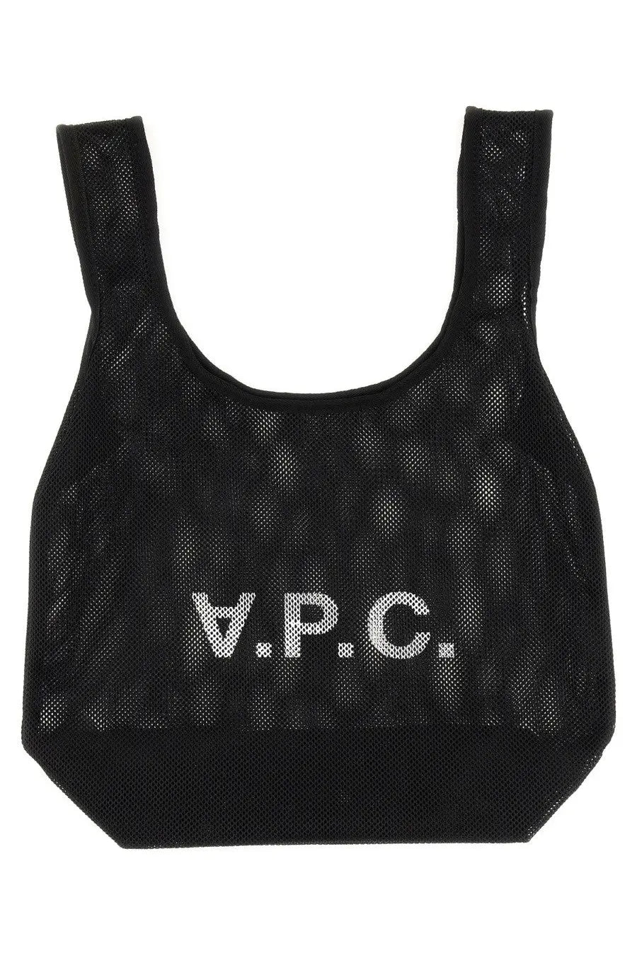 A.P.C men’s borsa shopper rebound black mesh tote bag with white v.p.c. lettering and durable handles