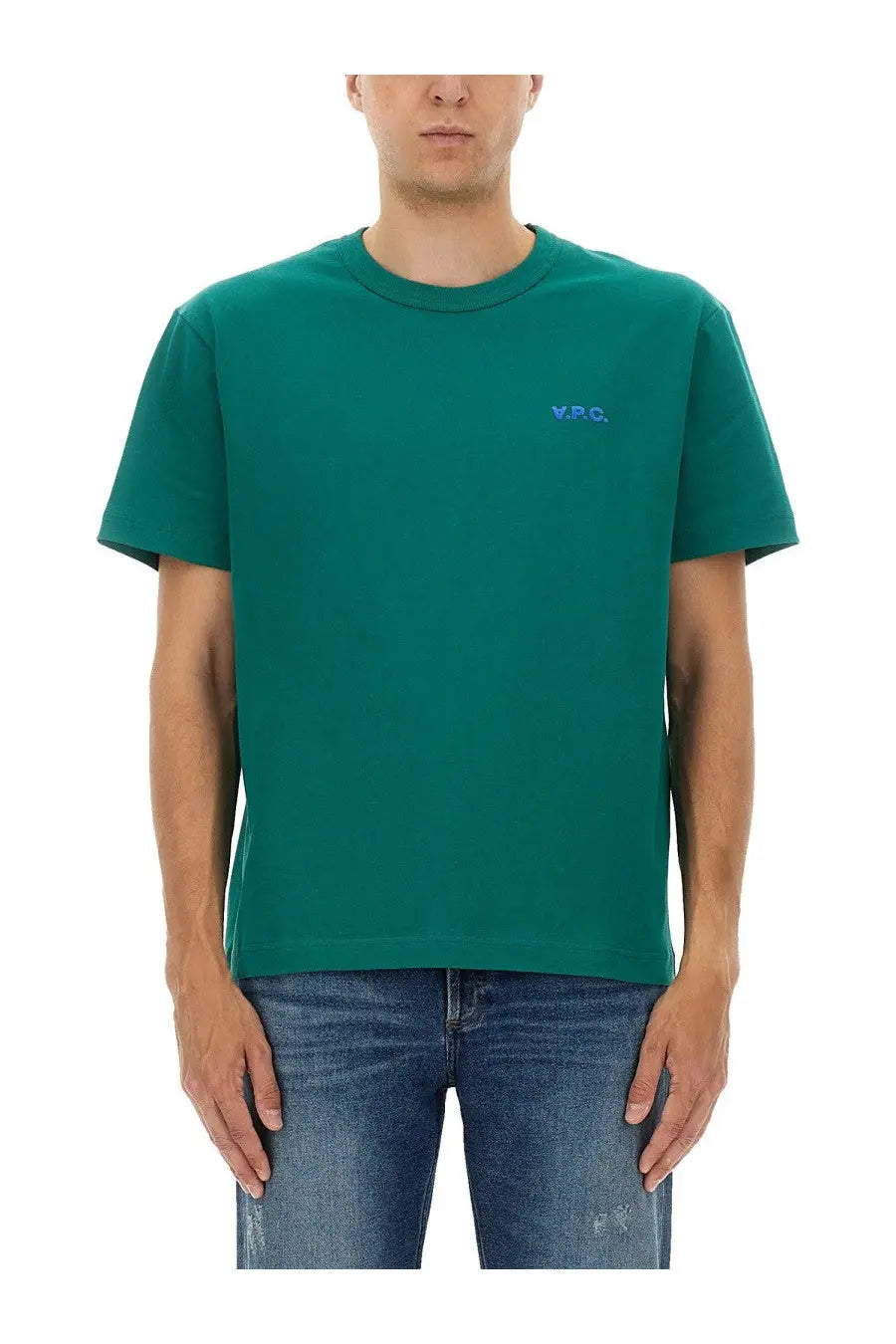A.P.C men’s boxy shirt green teal short-sleeved crew neck t-shirt with small blue embroidered logo on left chest