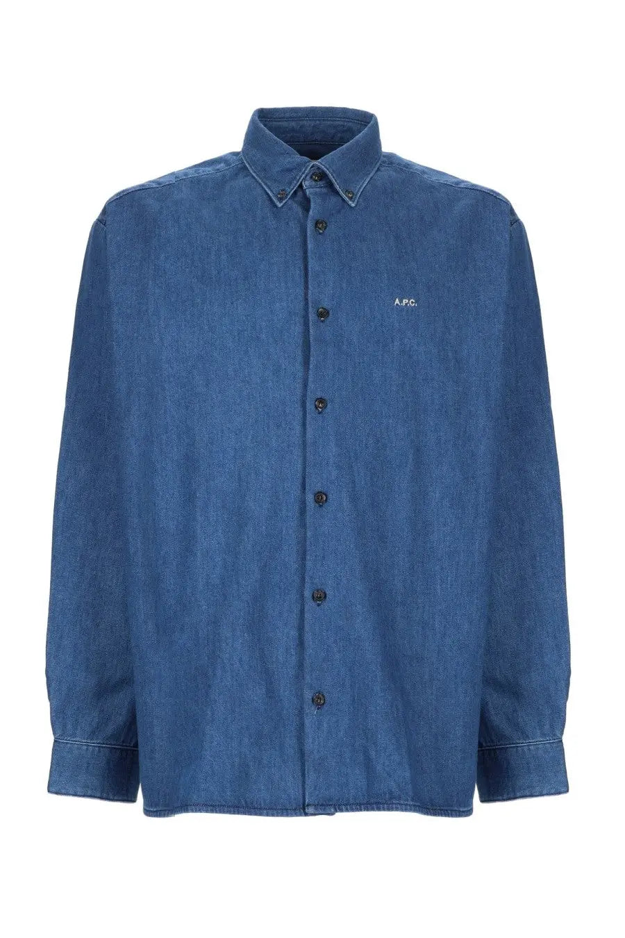 A.p.c men’s camicia mathias blue denim button-up shirt with subtle texture and embroidered logo on left chest