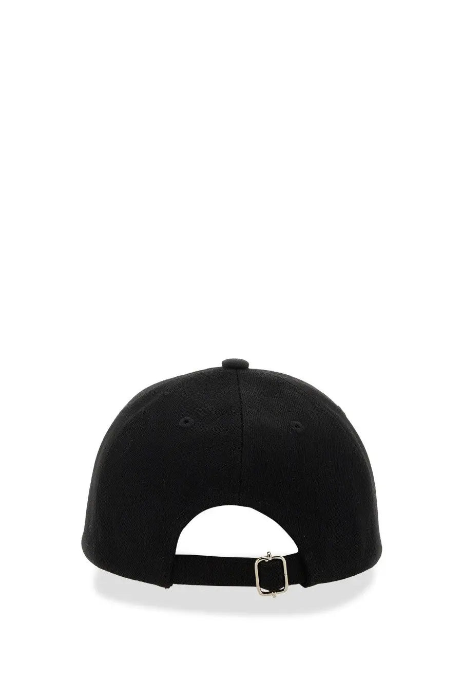 Black A.P.C men’s Charlie baseball hat showing back with silver buckle and adjustable strap on black fabric