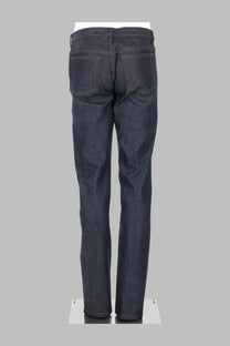 A.P.C men’s dark indigo denim jeans with straight-leg cut and classic back pockets shown from the back side