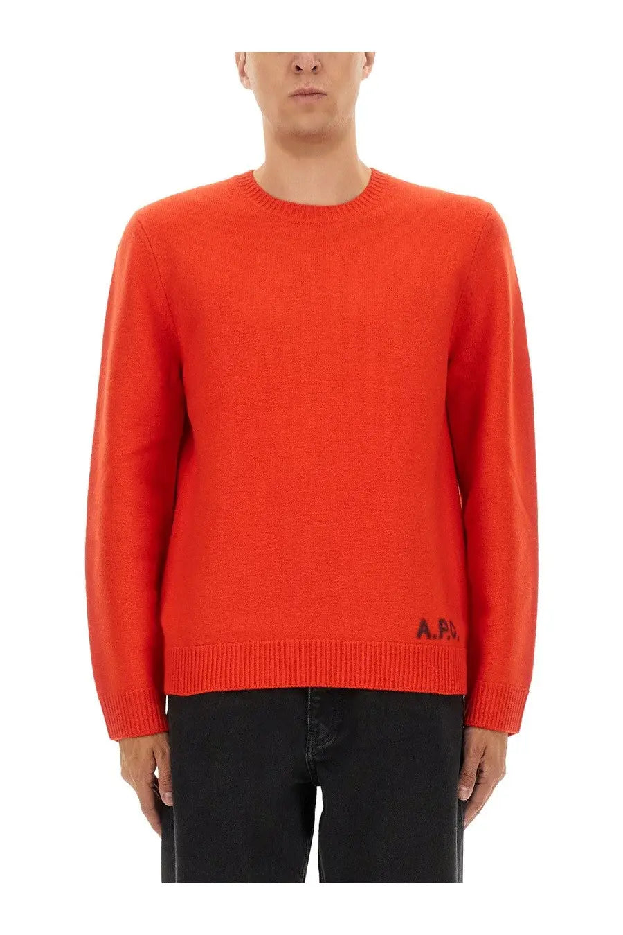 A.P.C men’s bright orange crewneck sweater with ribbed cuffs and hem featuring a small black logo embroidery