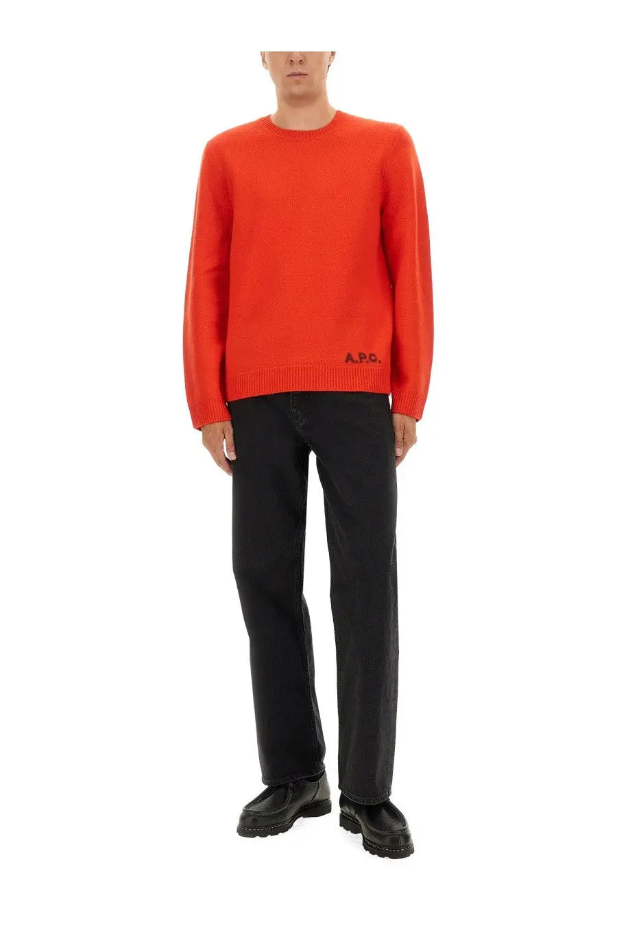 A.P.C men’s jersey Edward red vibrant orange crewneck sweater with ribbed cuffs hem and subtle black logo