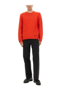 A.P.C men’s jersey Edward red vibrant orange crewneck sweater with ribbed cuffs hem and subtle black logo