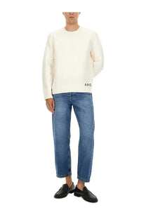 Cream-colored textured knit sweater with subtle a.p.c. logo in a.p.c. men’s jersey edward white design