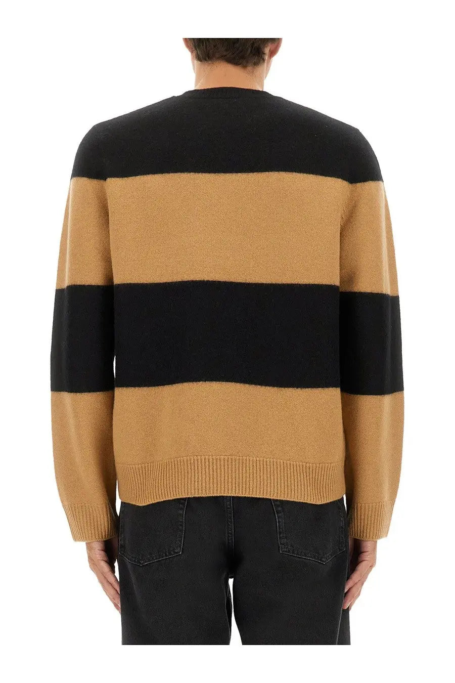 A.P.C men’s jersey Edwardo black knit sweater with black and camel stripes and ribbed cuffs and hem