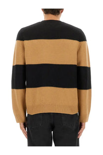 A.P.C men’s jersey Edwardo black knit sweater with black and camel stripes and ribbed cuffs and hem