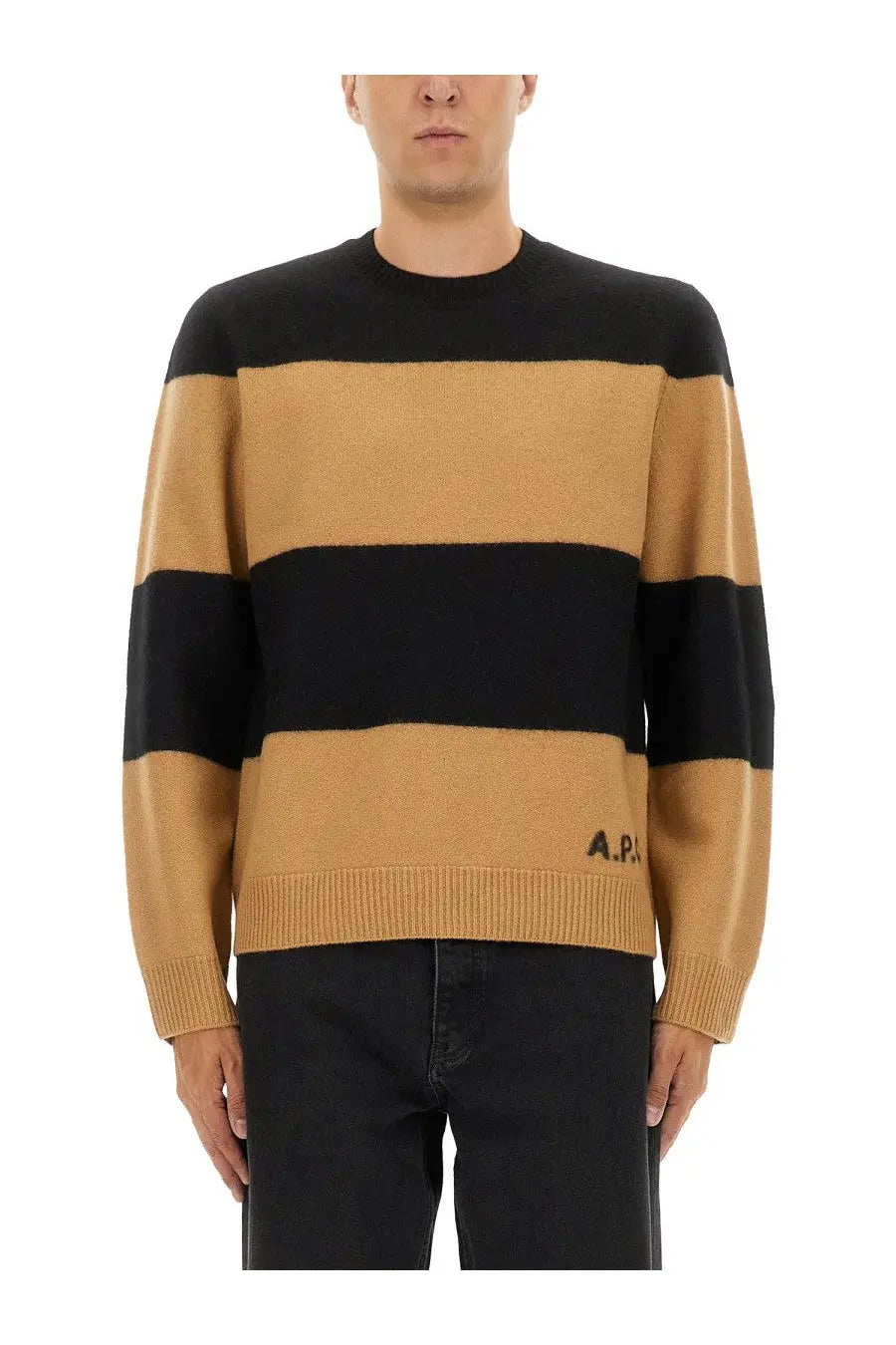 A.P.C men’s black and camel striped knit jersey sweater with ribbed cuffs hem and small logo on front lower left