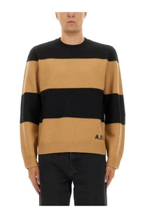 A.P.C men’s black and camel striped knit jersey sweater with ribbed cuffs hem and small logo on front lower left