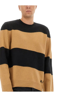 A.P.C men’s jersey Edwardo black knit sweater with black and camel stripes ribbed cuffs and hem