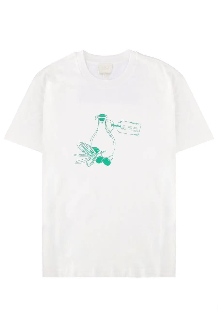 White cotton a.p.c men’s t-shirt with green line-art olive oil bottle and olives print and a.r.c tag