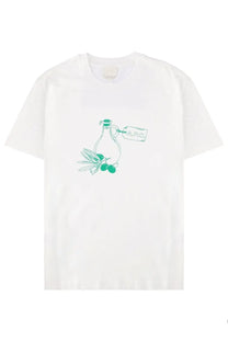 White cotton a.p.c men’s t-shirt with green line-art olive oil bottle and olives print and a.r.c tag