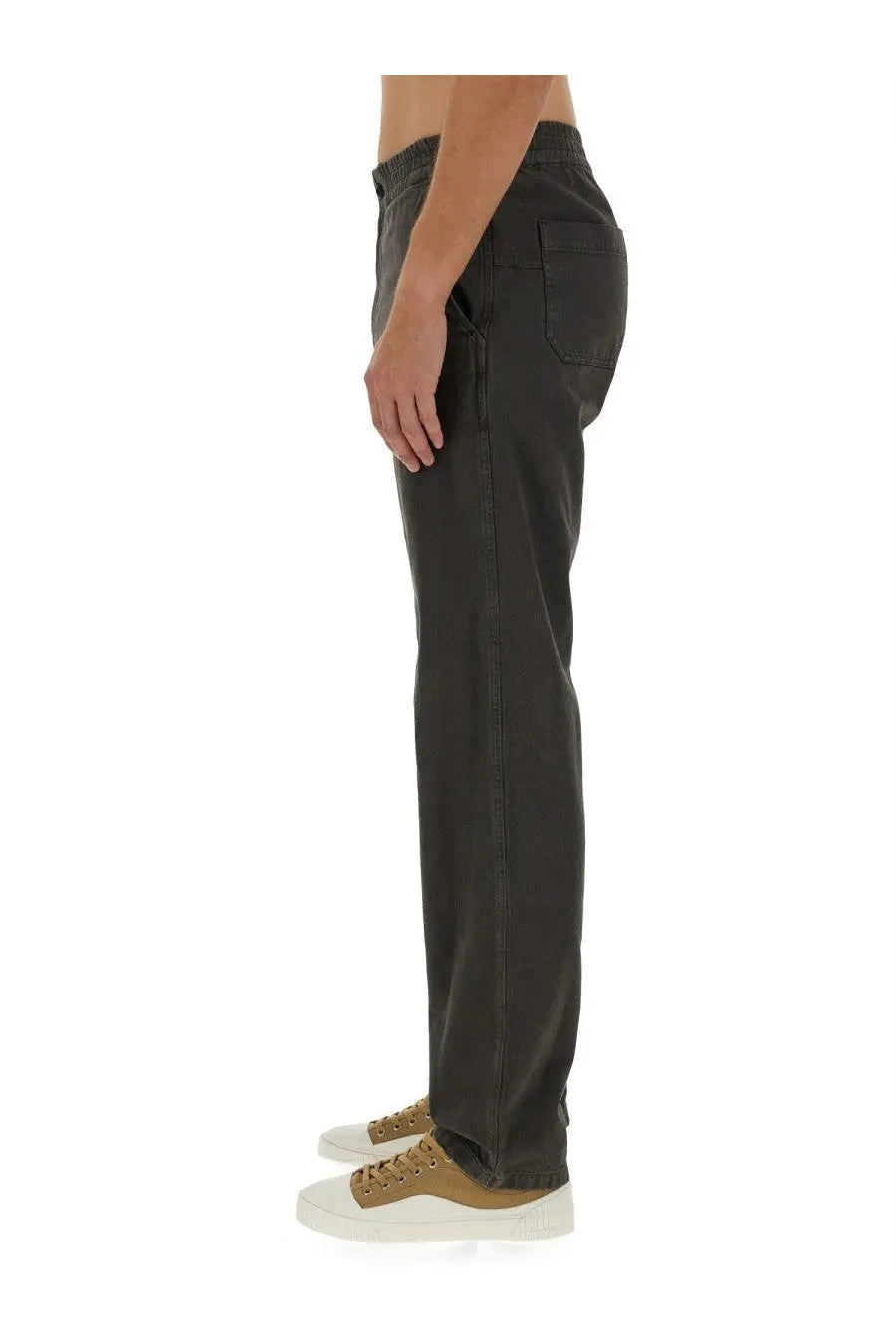 Dark gray relaxed-fit denim trousers with drawstring waist and classic rear pockets shown from the back by apc mens pants chuck grey