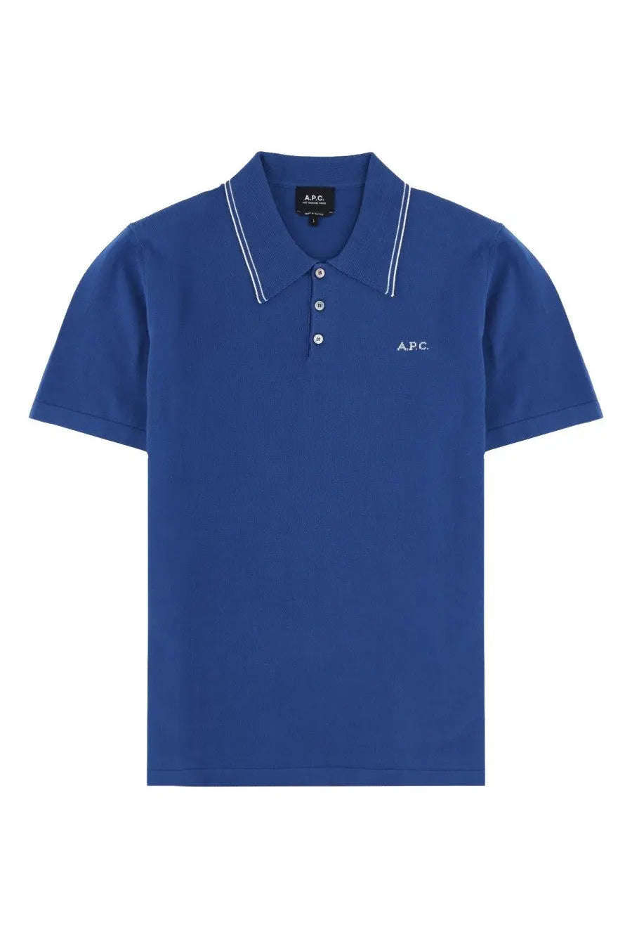 Royal blue men’s polo shirt with white collar piping and subtle embroidered a.p.c. logo in cotton blend fabric