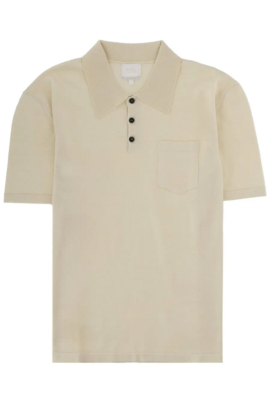 A.P.C men’s beige short-sleeved polo shirt with classic collar three black buttons and chest pocket
