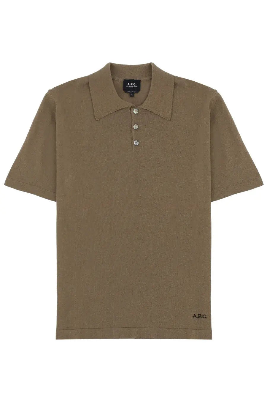 Olive green short-sleeved men’s polo shirt by A.P.C with classic collar and three silver buttons