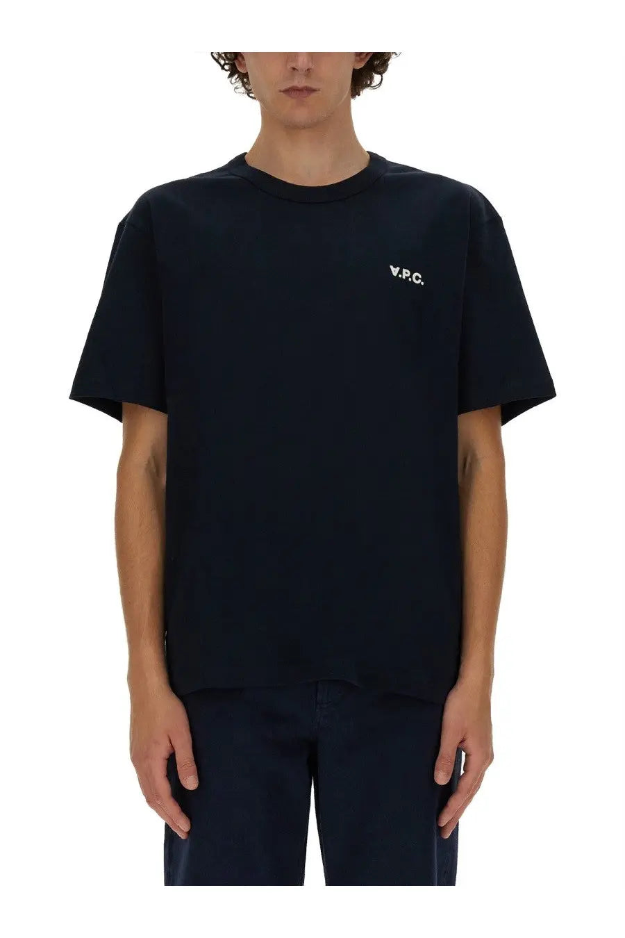 A.P.C men’s black short-sleeved crew neck t-shirt with small white embroidered v.p.c. logo on left chest