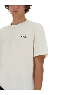 A.p.c men’s boxy white cotton t-shirt with a cream color and small black vpc logo embroidered on the left chest