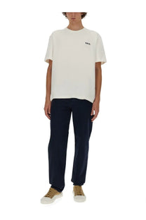 Apc men’s white crew neck t-shirt with a small black vpc logo on the left chest in a boxy fit