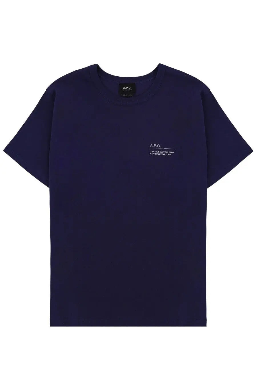 Apc men’s niclas blue t-shirt in navy blue with minimalist white logo and text on the chest