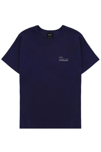 Apc men’s niclas blue t-shirt in navy blue with minimalist white logo and text on the chest