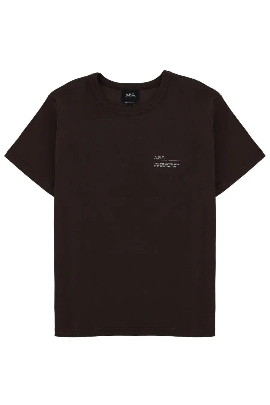 A.P.C men’s black short-sleeved t-shirt with minimalist white logo and text on the left chest for casual wear