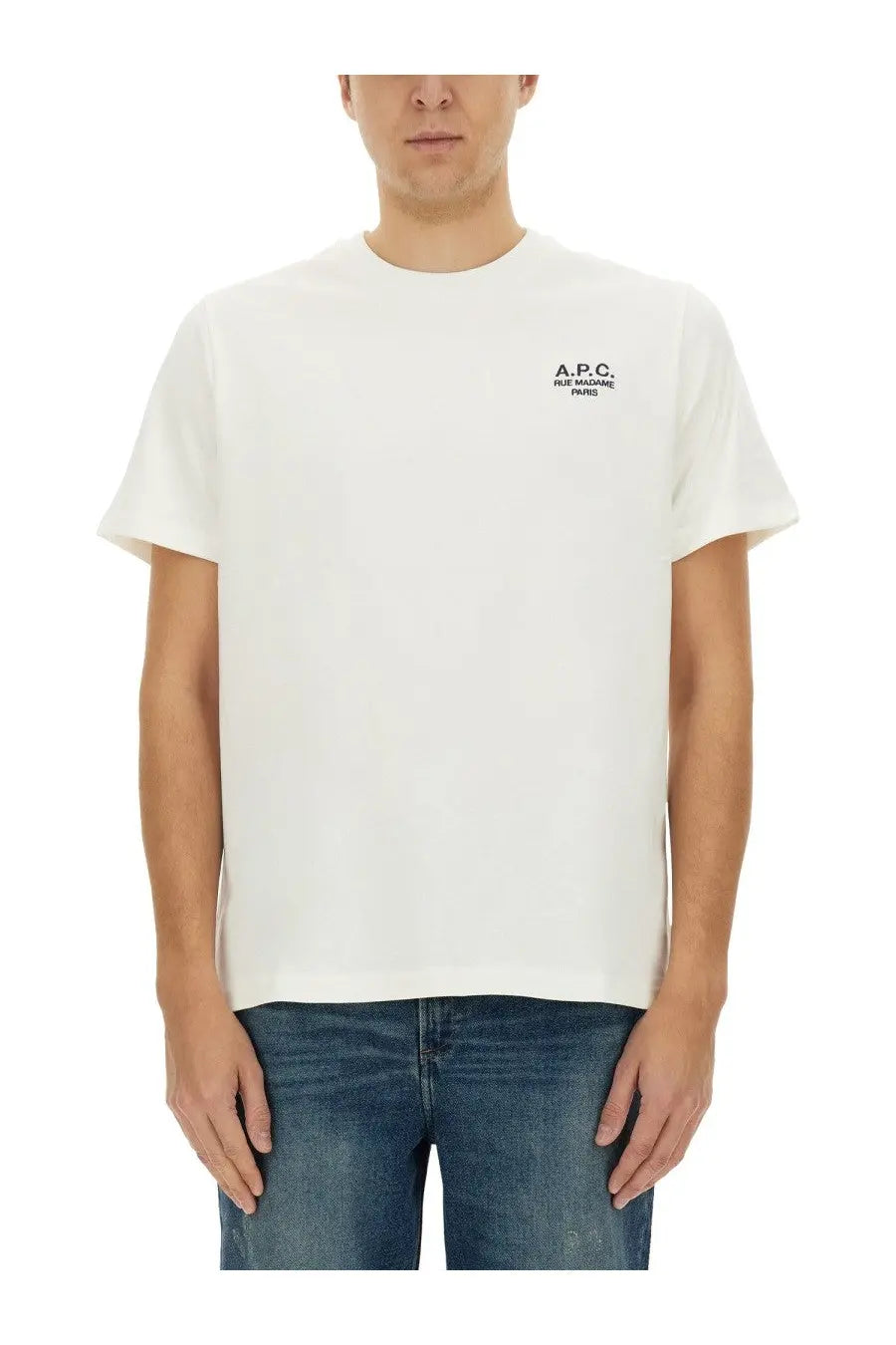 White cotton a.p.c men’s t-shirt with a small black embroidered logo on the left chest for casual wear
