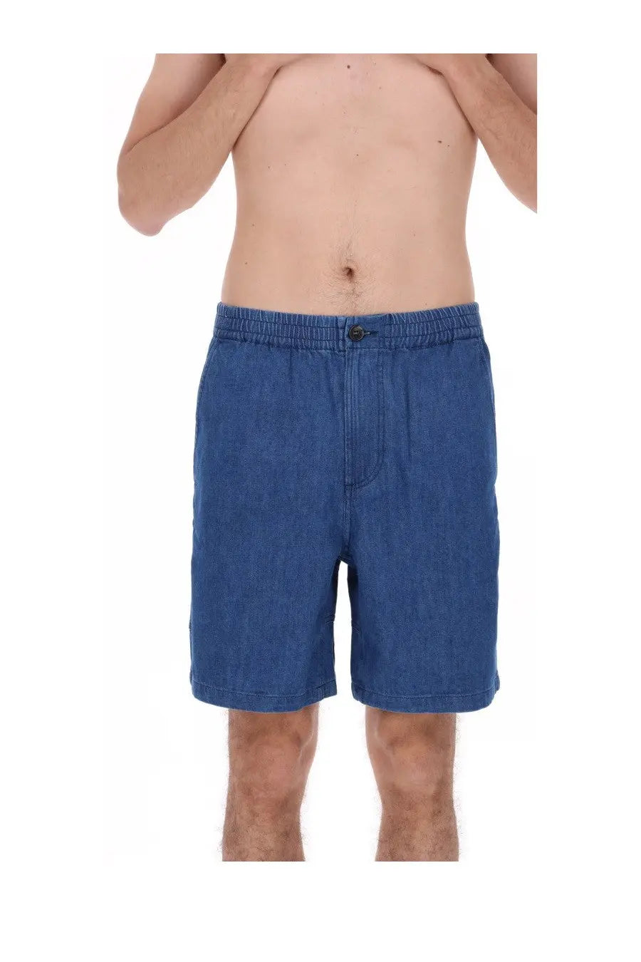 A.P.C men’s blue denim shorts with elastic waistband and single button closure perfect for casual wear