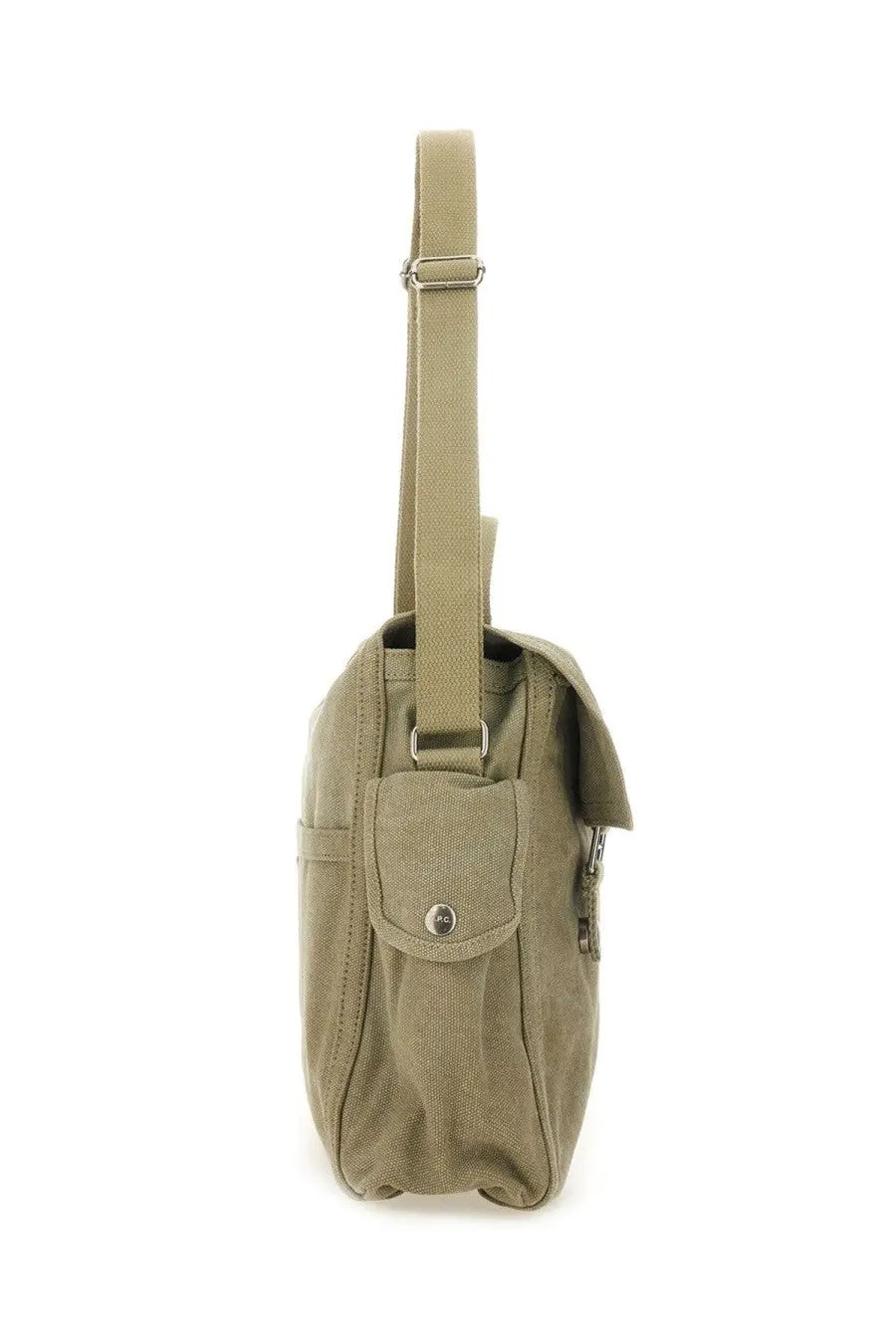 A.P.C men’s olive green canvas messenger bag with single shoulder strap and front flap pocket with silver button