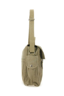 A.P.C men’s olive green canvas messenger bag with single shoulder strap and front flap pocket with silver button