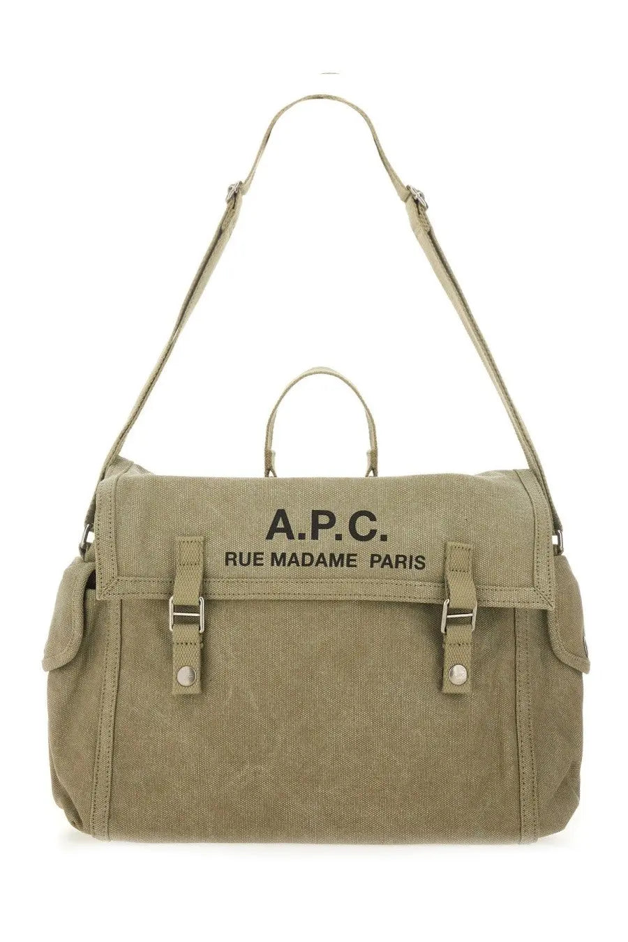 A.p.c men’s olive green canvas shoulder bag with black embroidered branding and silver-toned metal hardware