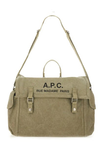 A.p.c men’s olive green canvas shoulder bag with black embroidered branding and silver-toned metal hardware