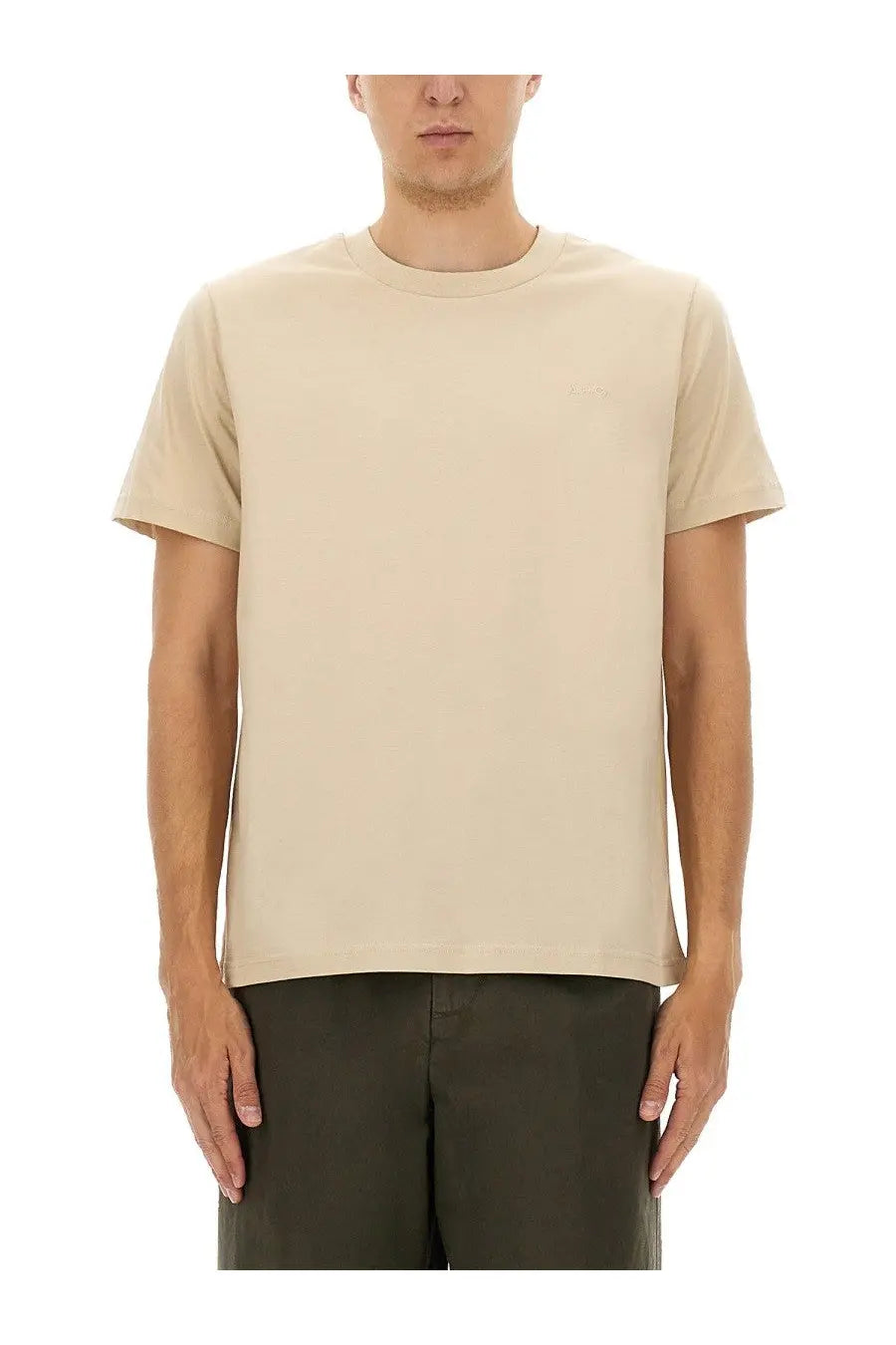 A.P.C men’s standard beige crew-neck cotton t-shirt with subtle embroidered logo on the left chest