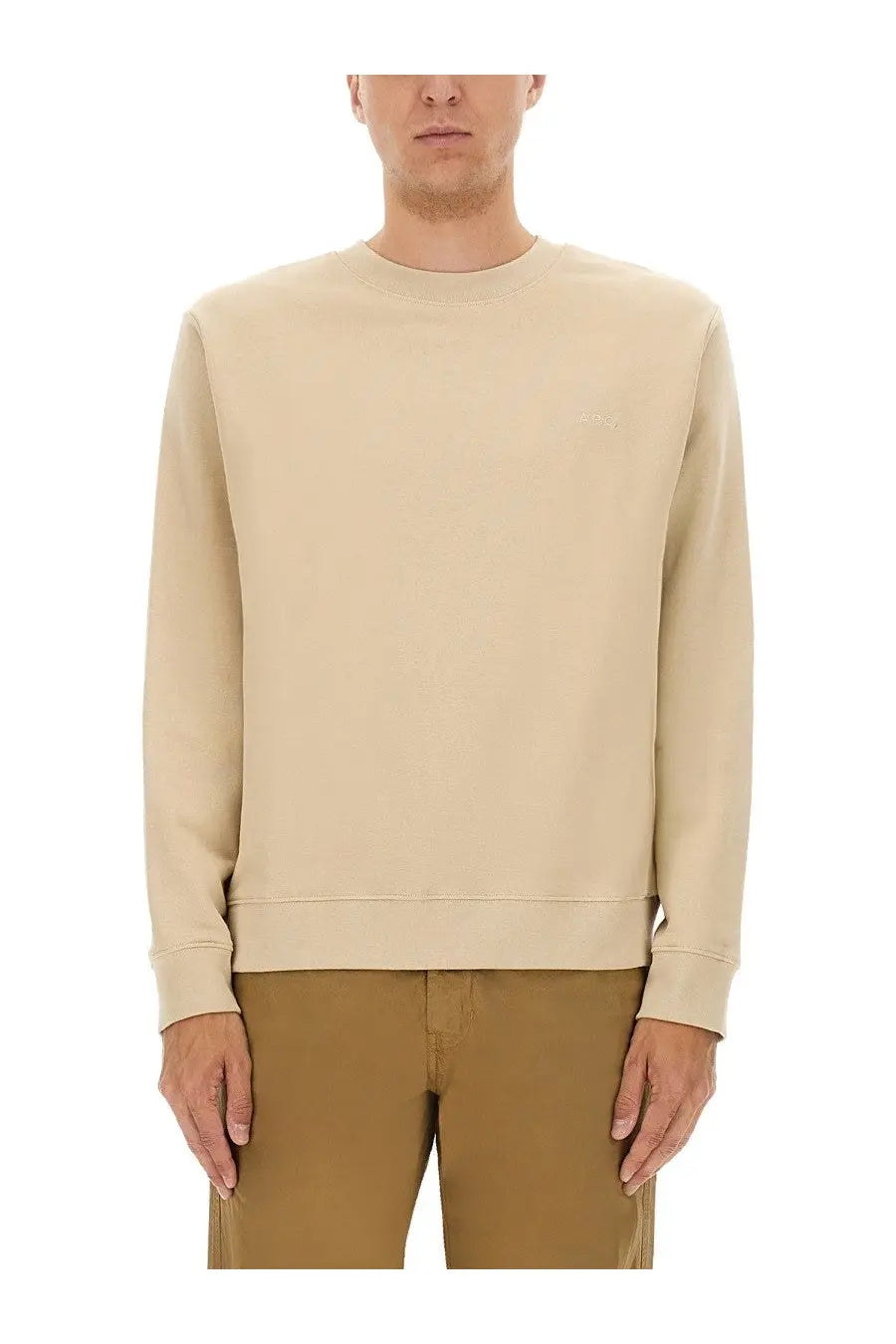 Beige A.P.C men standard sweatshirt crewneck with subtle embroidered logo on the left chest made of soft cotton blend