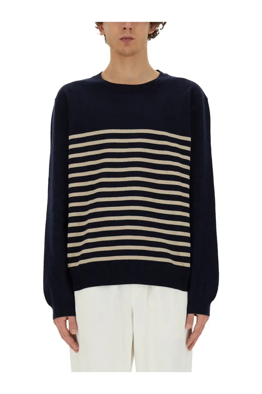 A.P.C men’s knit sweater matthew blue with navy blue and cream horizontal stripes ideal for casual wear