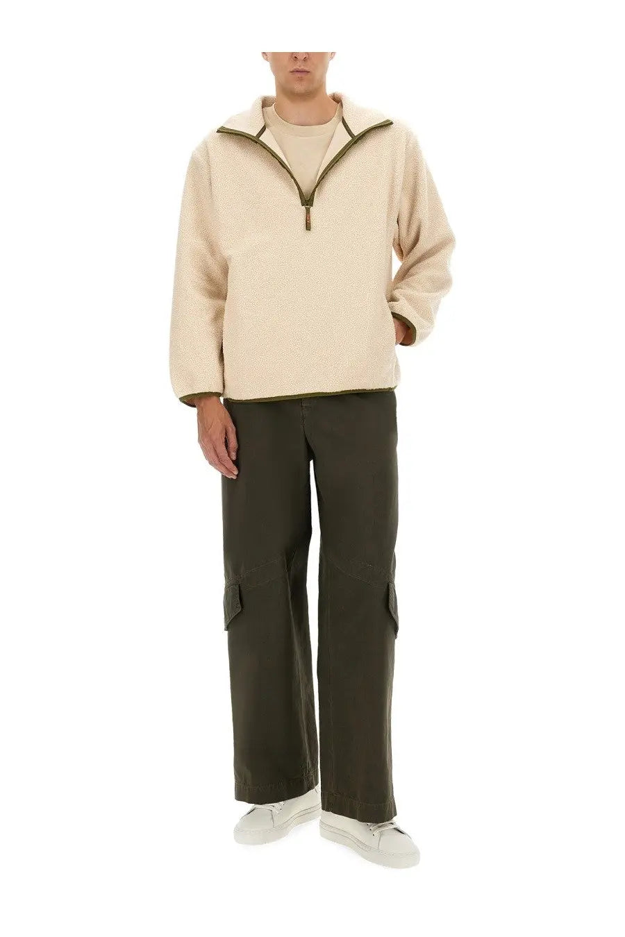 A.P.C men’s willy sweatshirt white beige fleece half-zip hoodie with olive green trim for casual wear