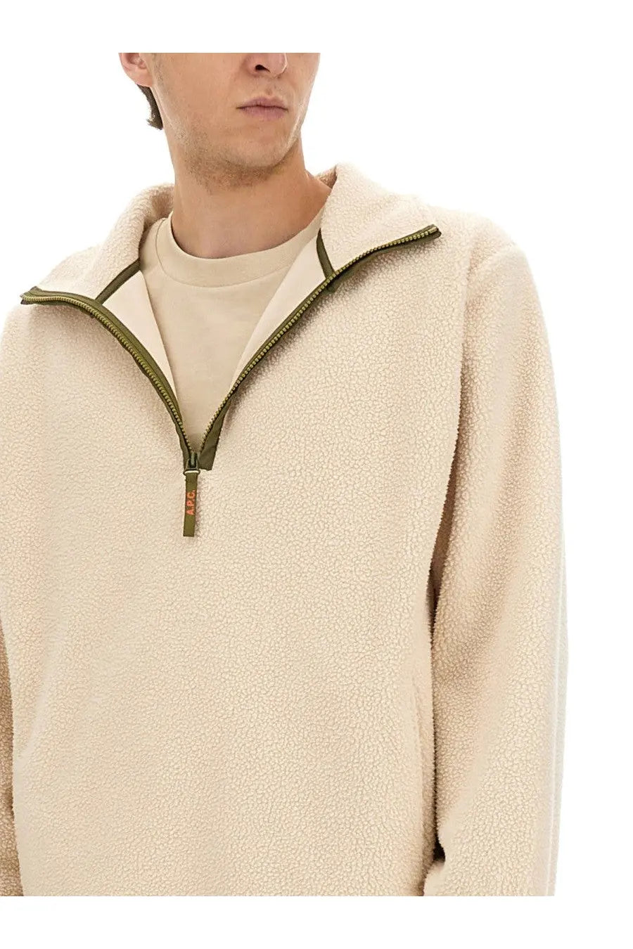 Apc men’s willy sweatshirt white cream-colored fleece half-zip hoodie with olive green zipper and pull tab
