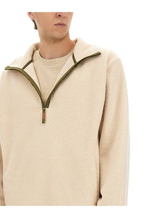 Apc men’s willy sweatshirt white cream-colored fleece half-zip hoodie with olive green zipper and pull tab