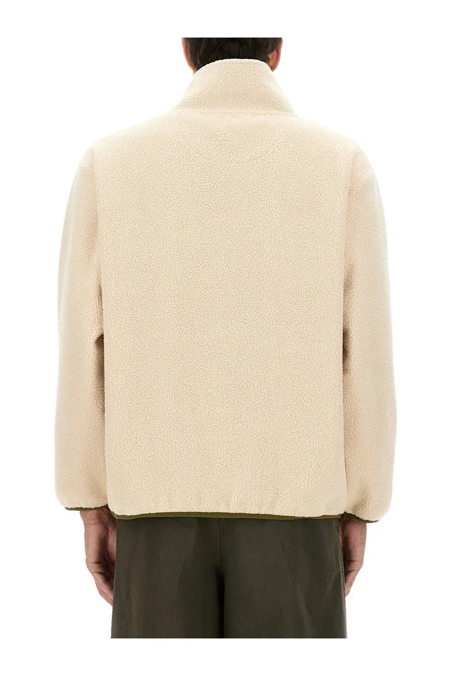 A.P.C men’s willy sweatshirt white cream fleece jacket with high collar and olive green trim along the hem