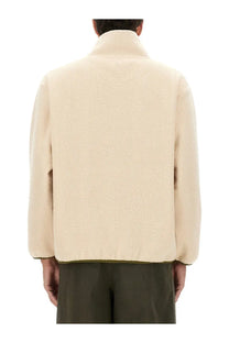 A.P.C men’s willy sweatshirt white cream fleece jacket with high collar and olive green trim along the hem