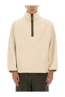 A.P.C men’s willy sweatshirt white cream-colored fleece pullover with olive green zipper and trim