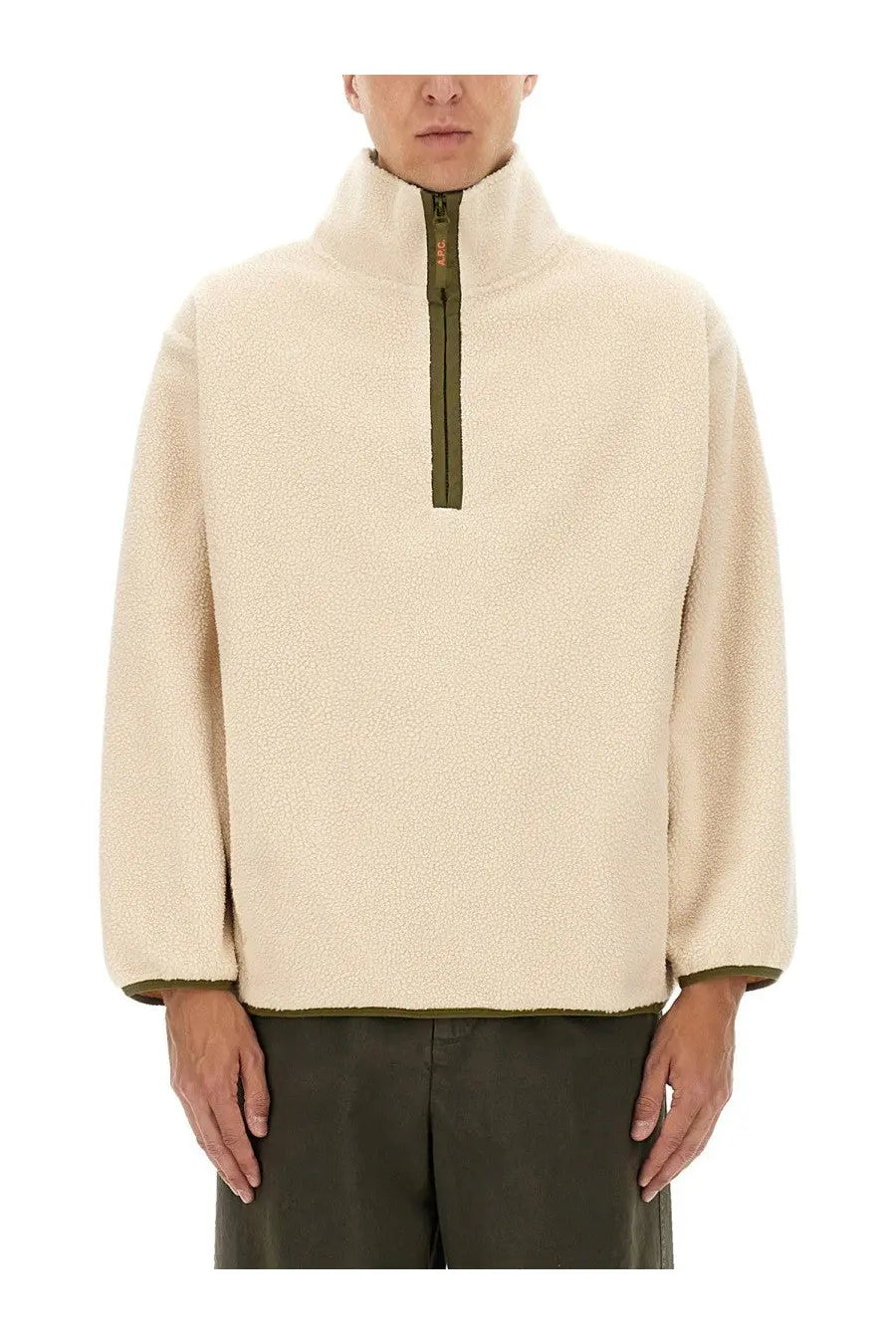 A.P.C men’s Willy sweatshirt white cream fleece pullover with olive green zipper and trim