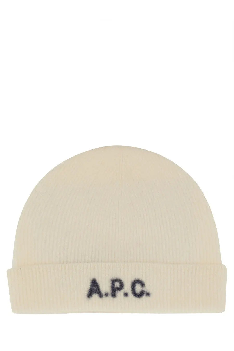 Cream-colored knitted a.p.c unisex berretto in lana con white with ribbed cuff and dark gray logo embroidery