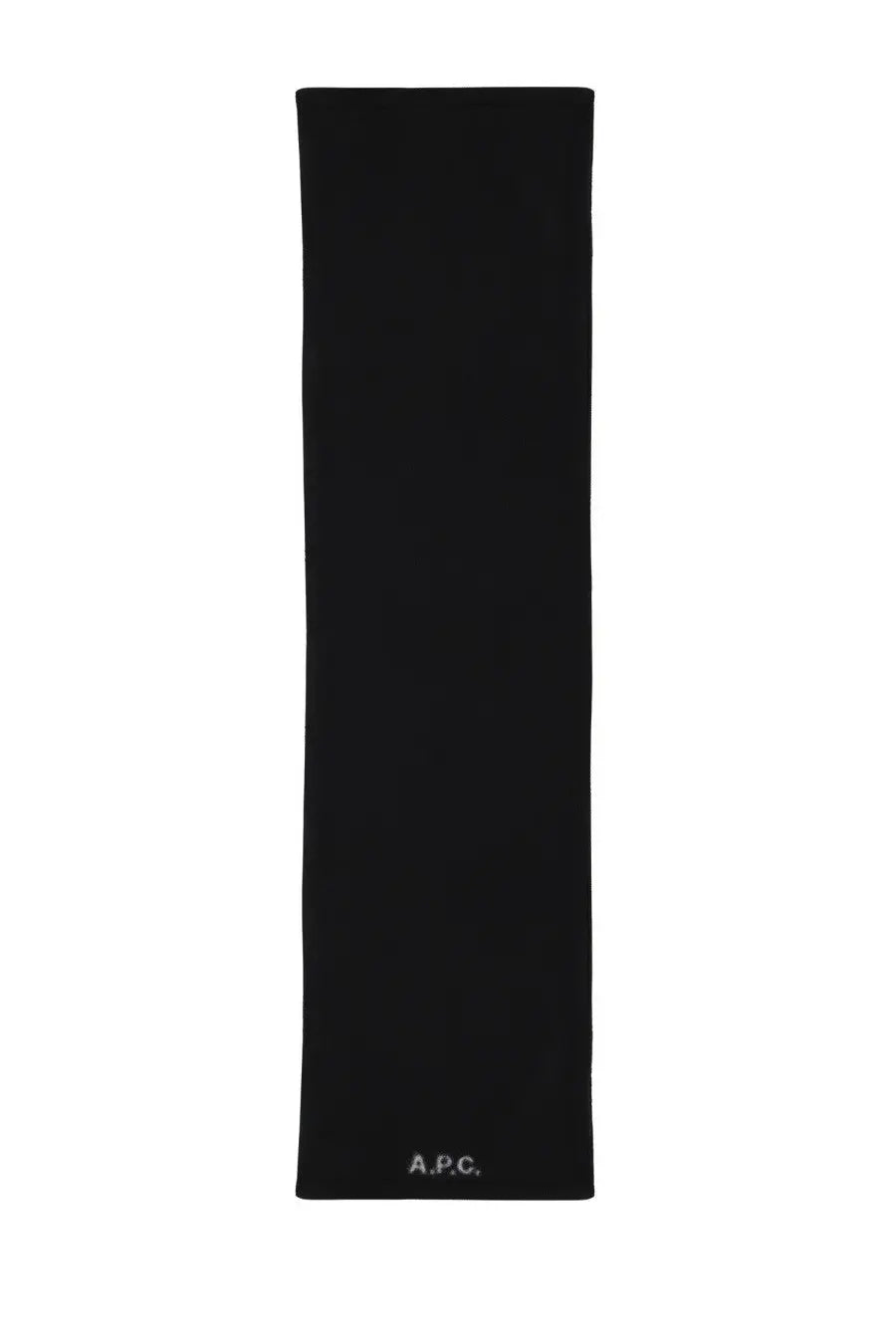 A.P.C unisex black wool scarf with subtle white a.p.c branding at the bottom