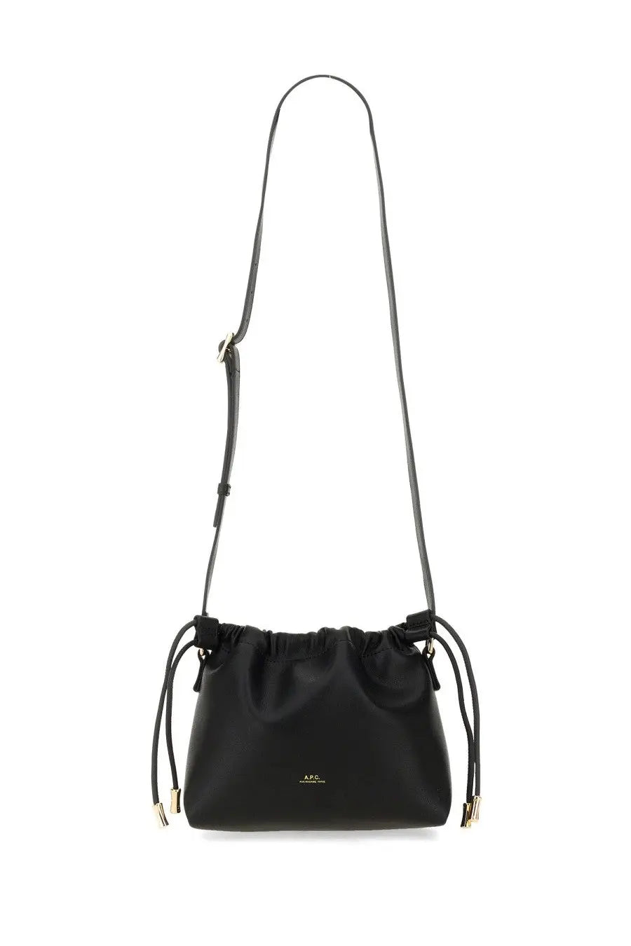 A.P.C women’s black leather Ninon mini crossbody bag with drawstring closure gold-tone hardware and minimalist logo detail